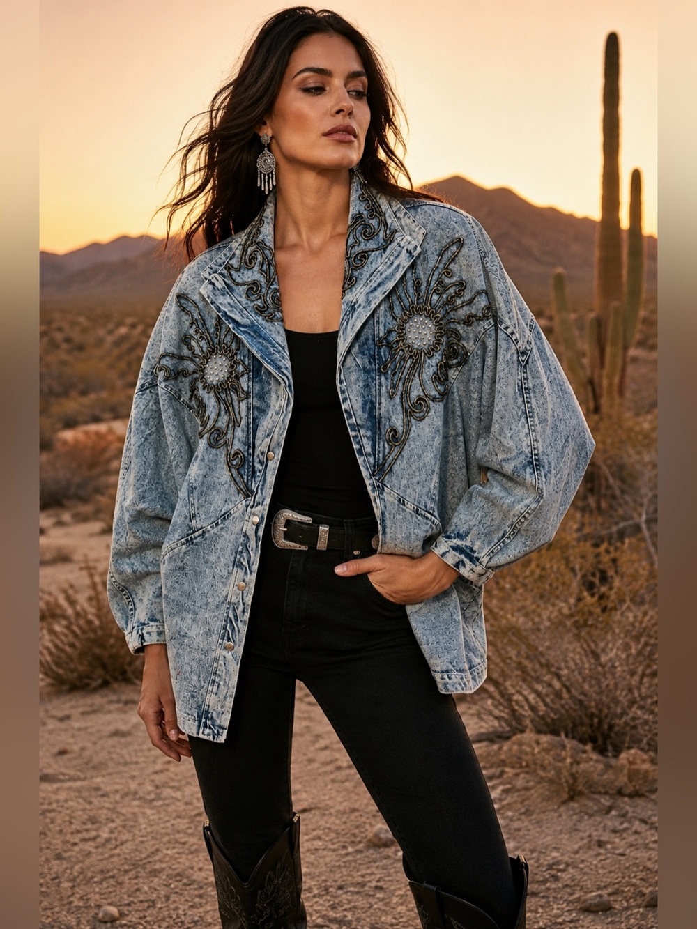 Vintage Tina Woo for Mass Embellished Acid Wash Denim Jacket Oversized Batwing